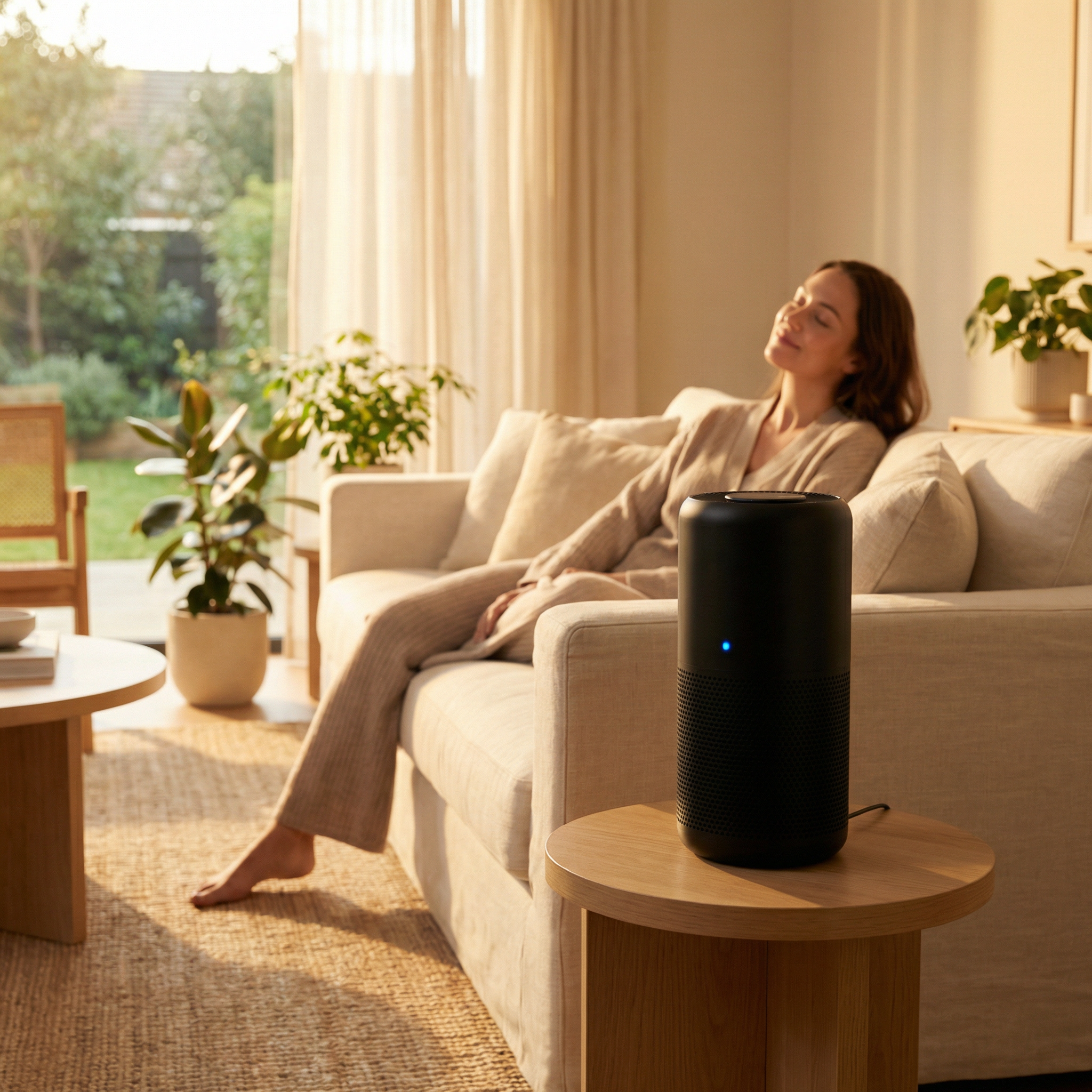 Woman breathing clean air with LabCharge purifier