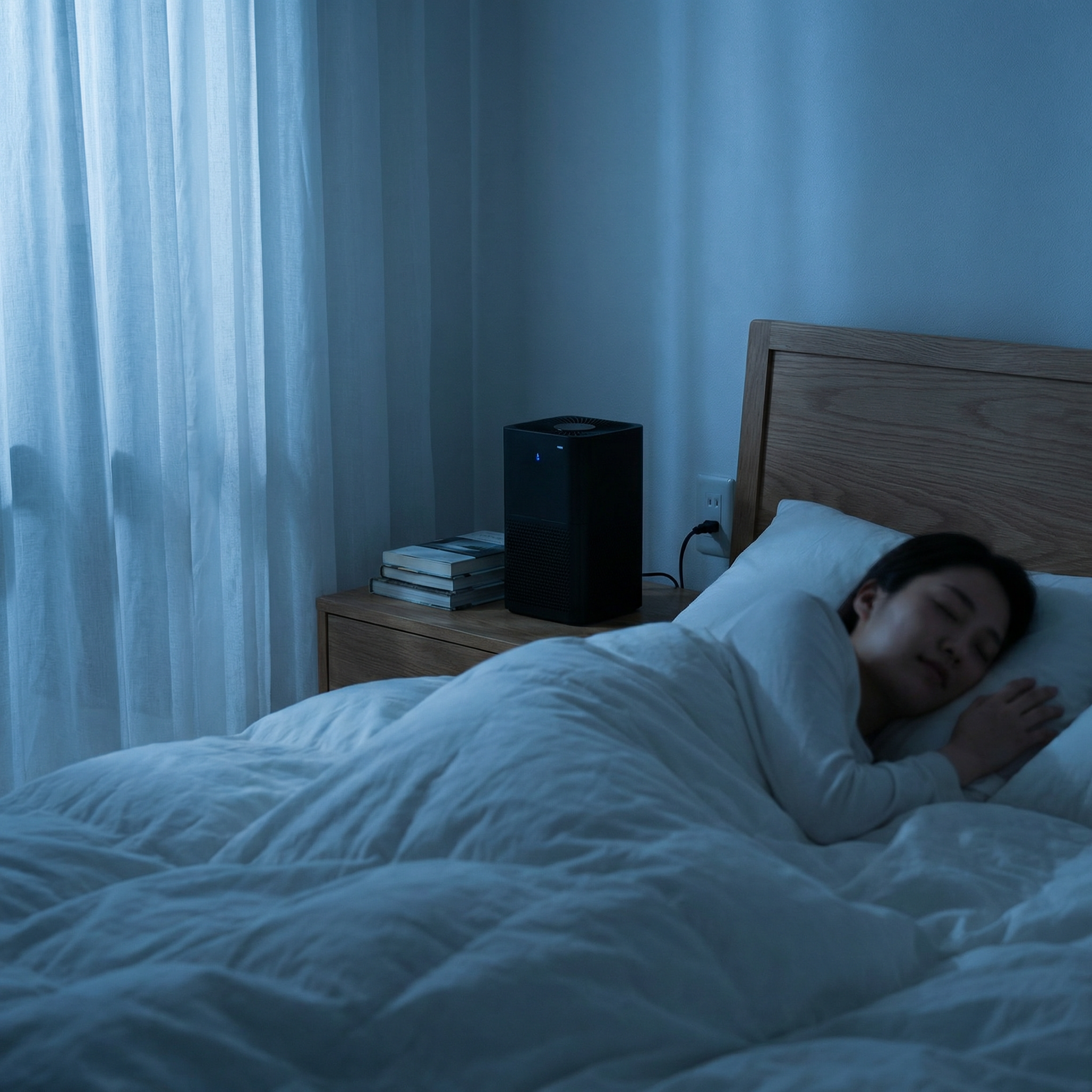 Person sleeping peacefully with silent air purifier